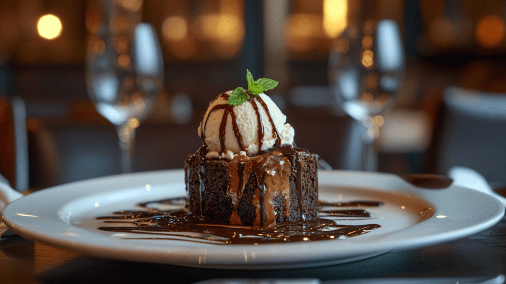 Slutty brownies served with vanilla ice cream and chocolate sauce.