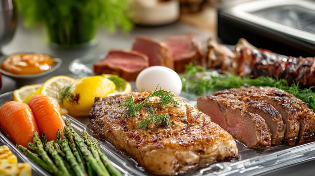 variety of foods for sous vide : cooked steak with a golden seared crust, tender chicken breasts with herbs, buttery salmon fillets garnished with lemon and dill, colorful vegetables like asparagus and carrots