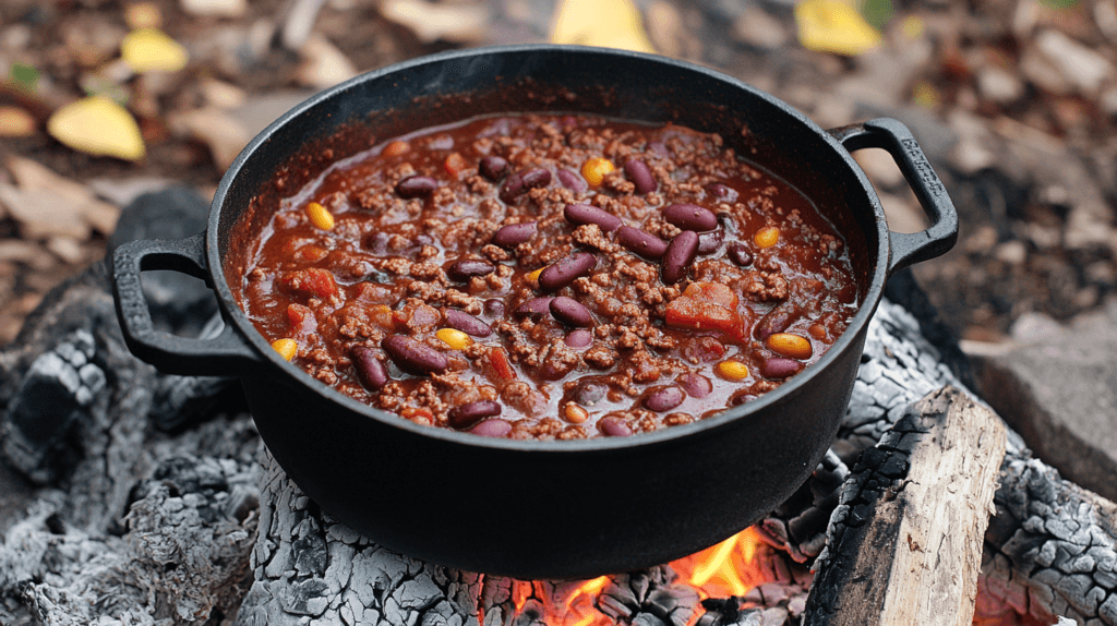 Dutch oven cooking chili over a campfire.
