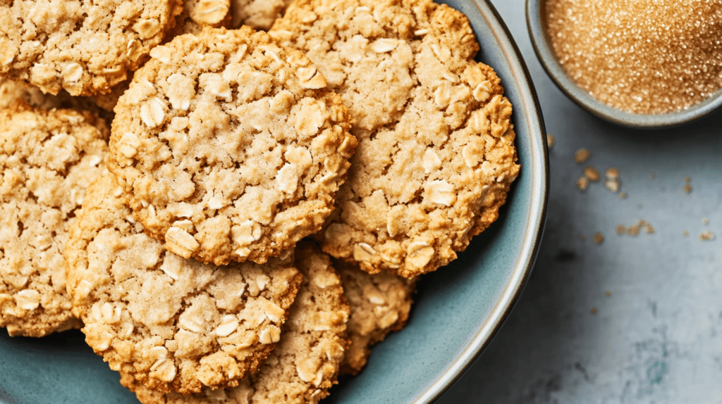 Gluten-free oatmeal cookies made with brown sugar on a wooden cutting board.