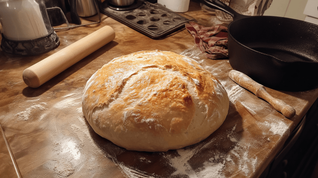 A freshly baked sourdough loaf on a wooden counter with baking tools.