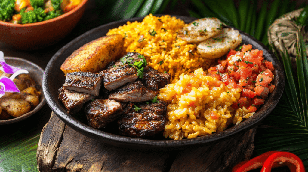 Puerto Rican meal with rice, roast pork, and plantains on a wooden table.
