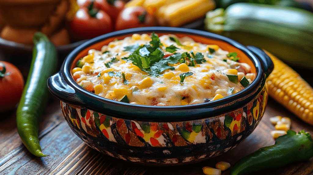 A vibrant dish of Calabacitas con Queso surrounded by fresh ingredients.