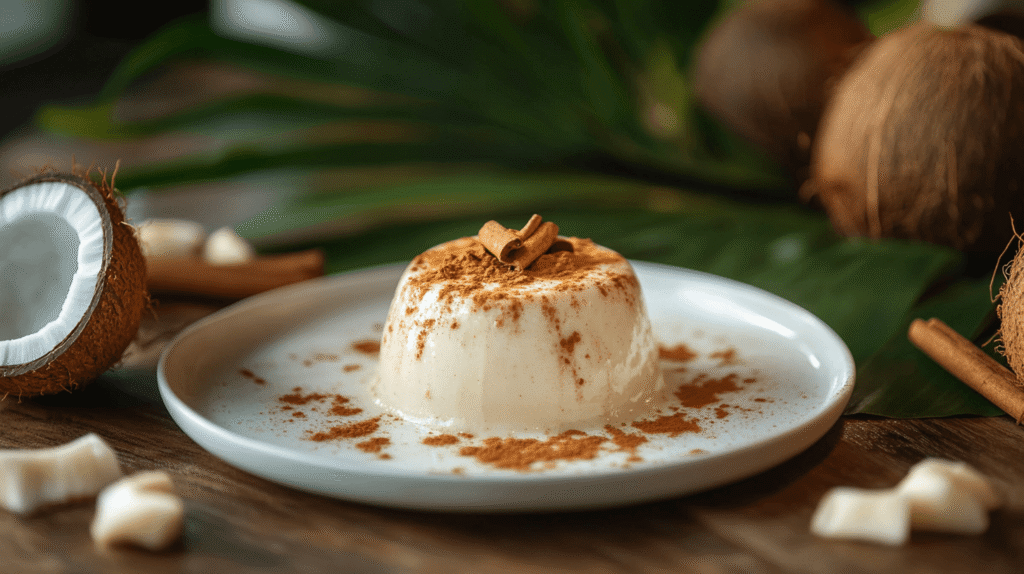 Tembleque, a popular coconut dessert in Puerto Rico, garnished with cinnamon.