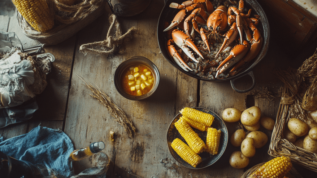 A seafood boil spread with crab boil sauce in a bowl.