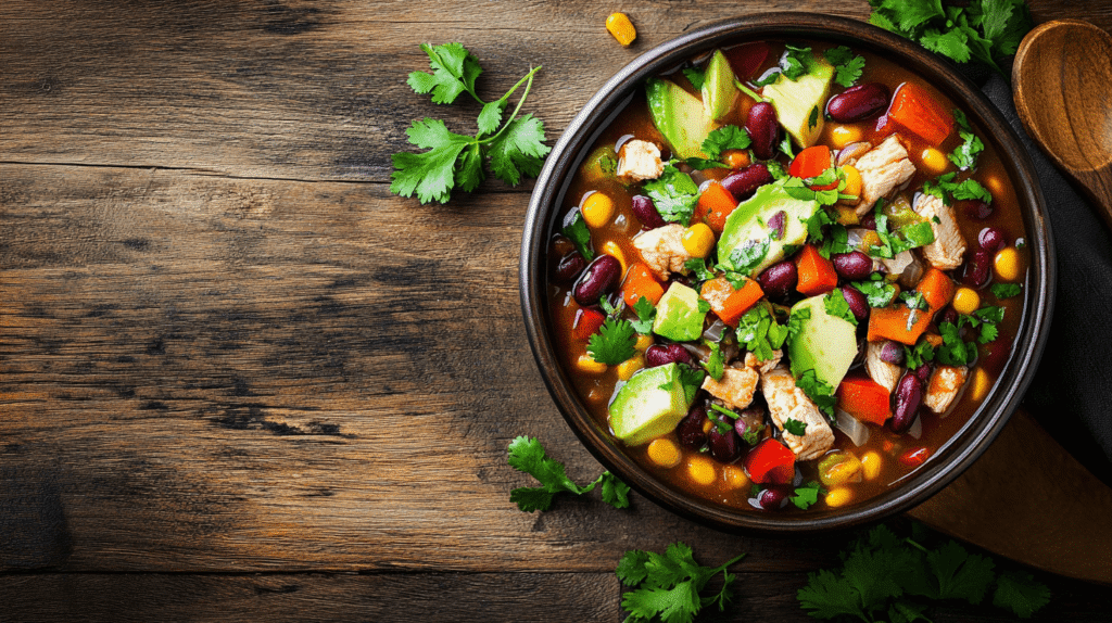 A vibrant bowl of healthy taco soup with fresh toppings.