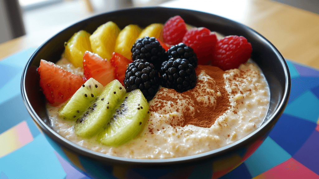 Puerto Rican-style oatmeal topped with cinnamon and tropical fruits.