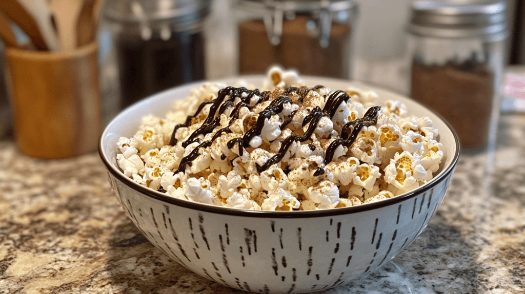 Homemade popcorn with gluten-free toppings on a kitchen counter.