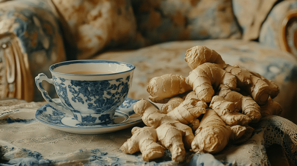A blue and white porcelain teacup filled with ginger tea, placed next to fresh ginger roots on a lace-covered table.