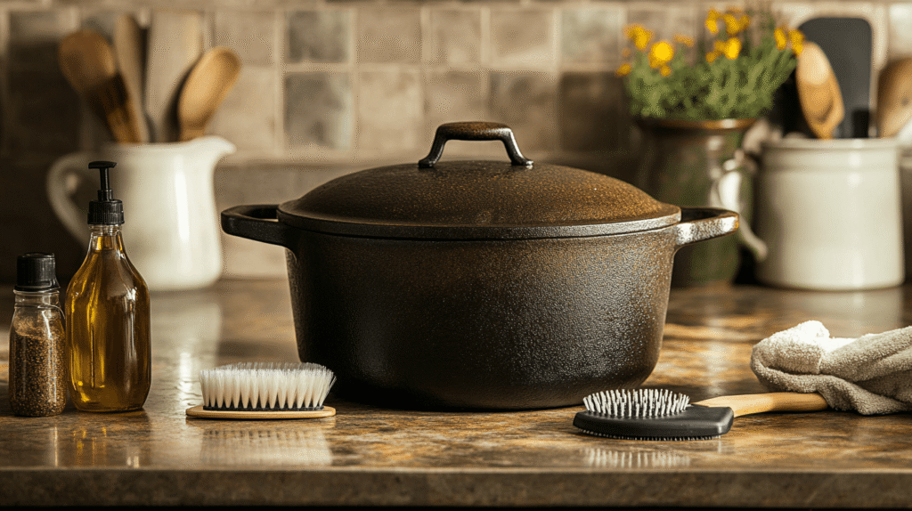 A clean cast iron Dutch oven with cleaning tools on a kitchen counter.
