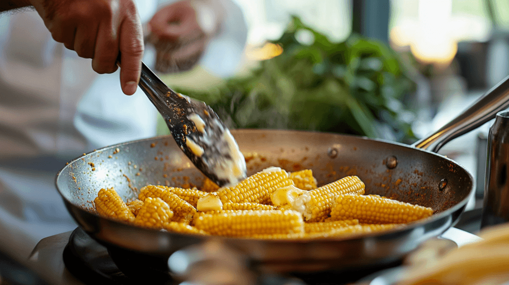 Frying corn in a skillet with butter and seasonings.