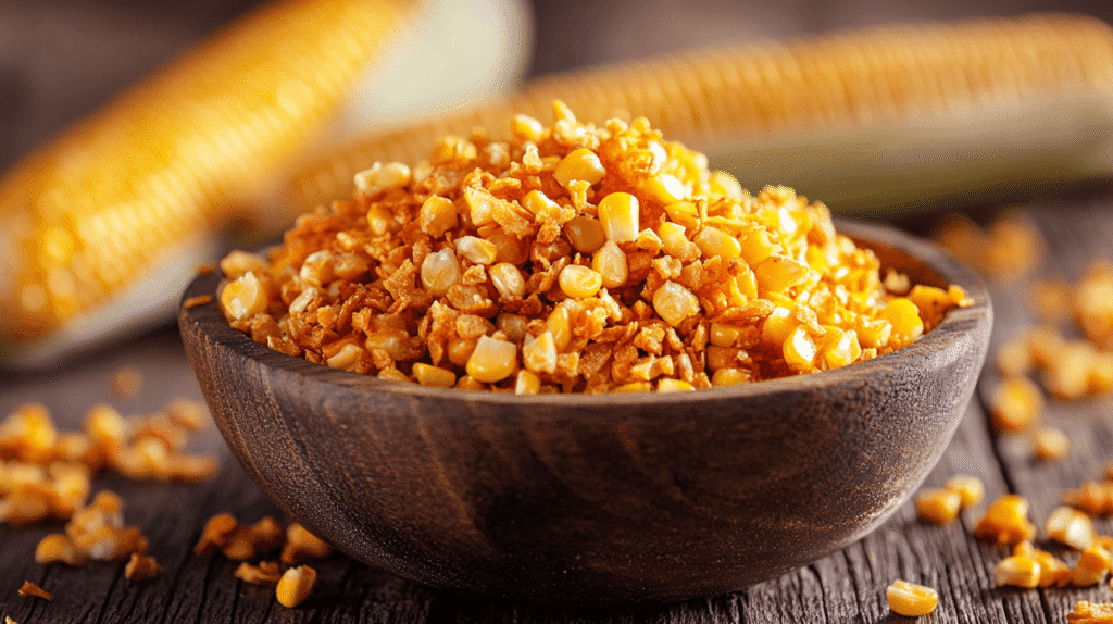 A wooden bowl filled with toasted corn kernels placed on a rustic table.