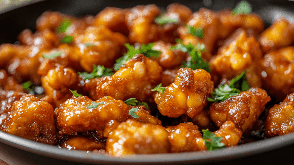 Fried corn in a skillet topped with fresh parsley.