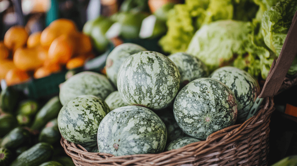 Fresh calabacitas in a basket surrounded by vegetables.