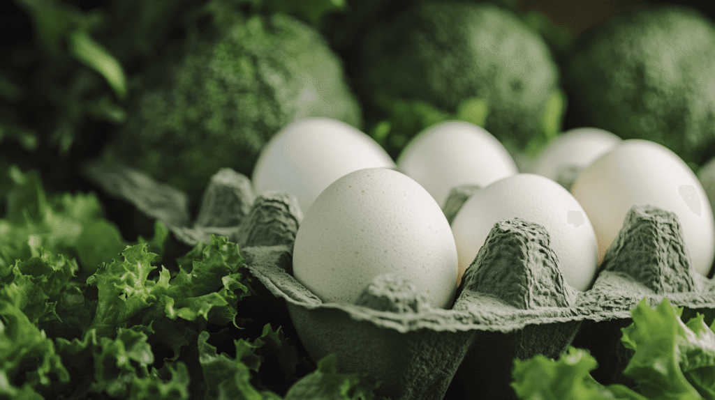 Fresh eggs in a carton surrounded by vegetables for a healthy lifestyle.