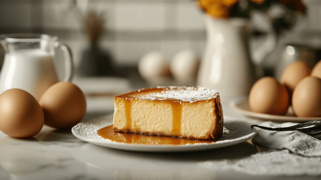A slice of flan with caramel sauce, showcasing its smooth texture.