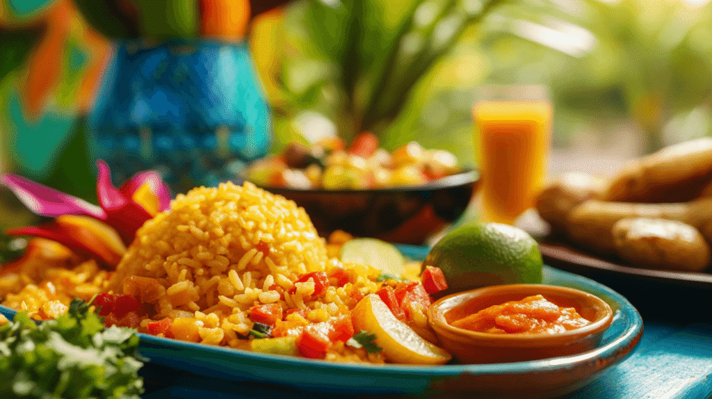 A table full of Puerto Rican dishes, showcasing mild and flavorful cuisine.