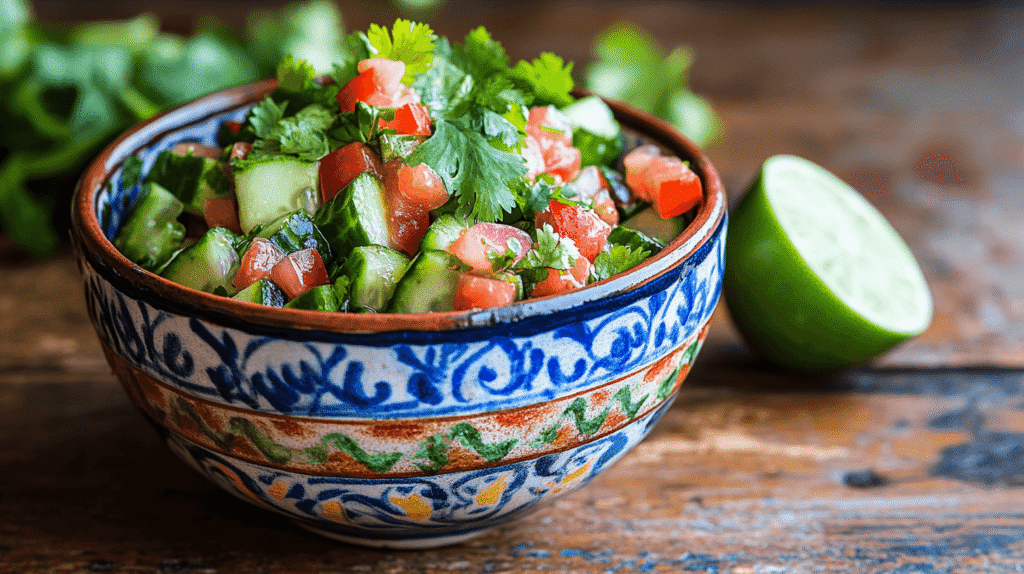 Fresh cucumber salad with lime and cilantro.