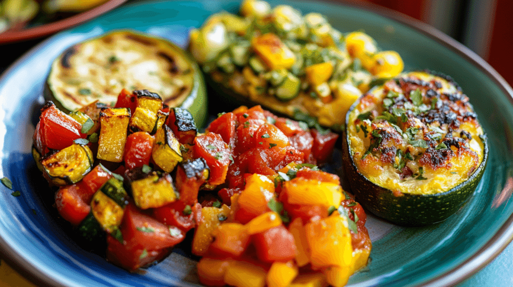 A plate showcasing dishes made with calabacita and zucchini.