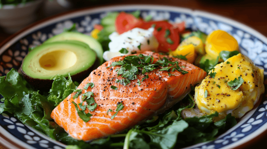 Plate of cortisol-lowering foods including eggs, salmon, and vegetables.