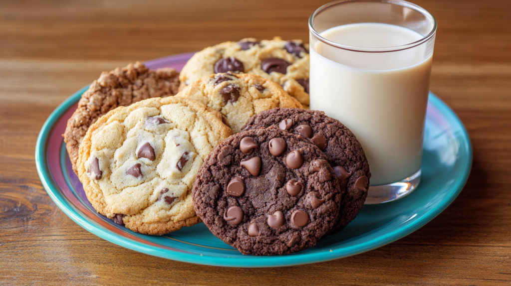 A plate of gluten-free cookies with a glass of almond milk.