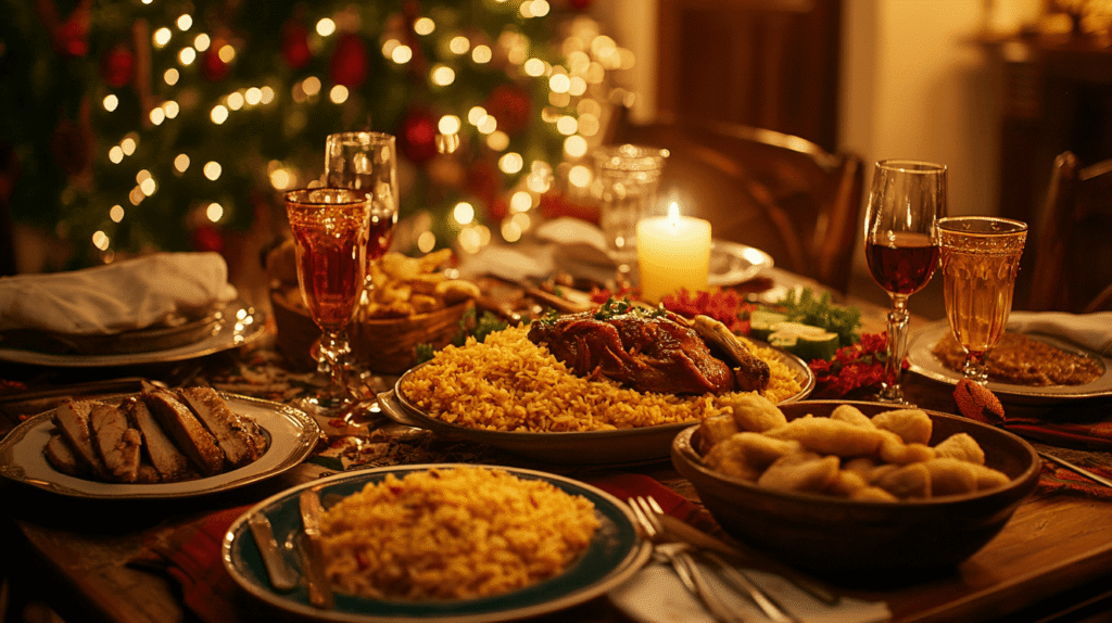 Traditional Puerto Rican dinner table with classic dishes.