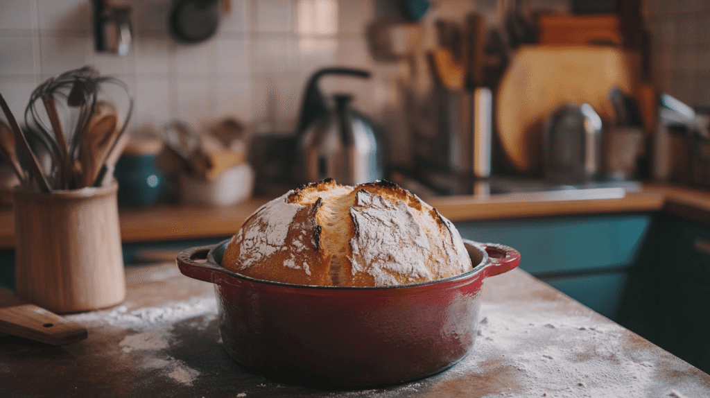 Freshly baked sourdough bread in a round Dutch oven on a kitchen counter.