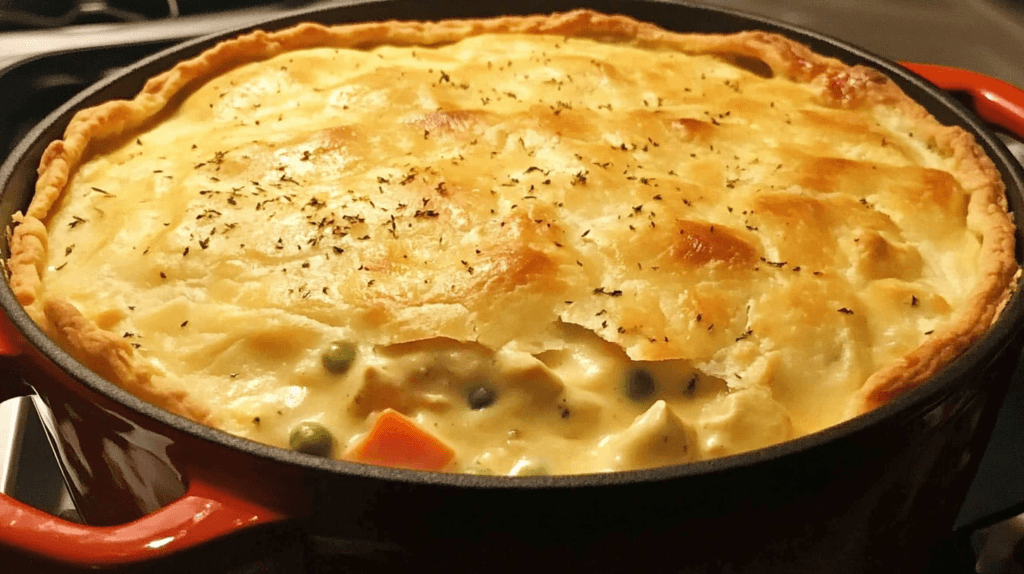 Chicken pot pie in a Dutch oven.