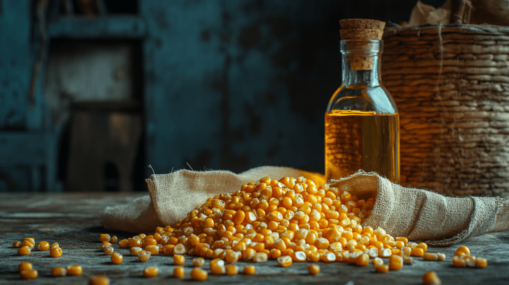 Corn kernels with a bottle of corn oil.