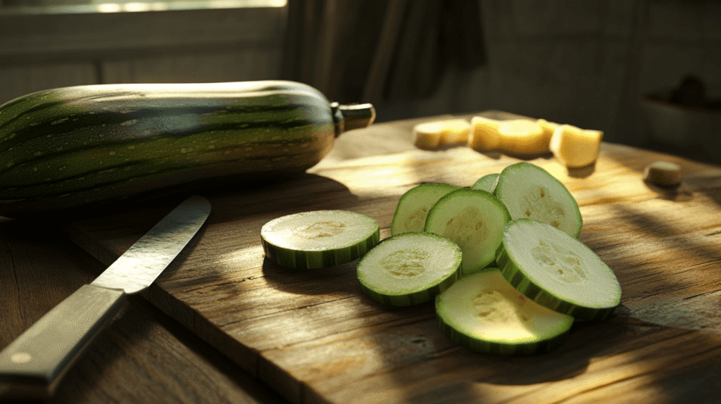 Fresh Calabacita squash with sliced pieces on a countertop.