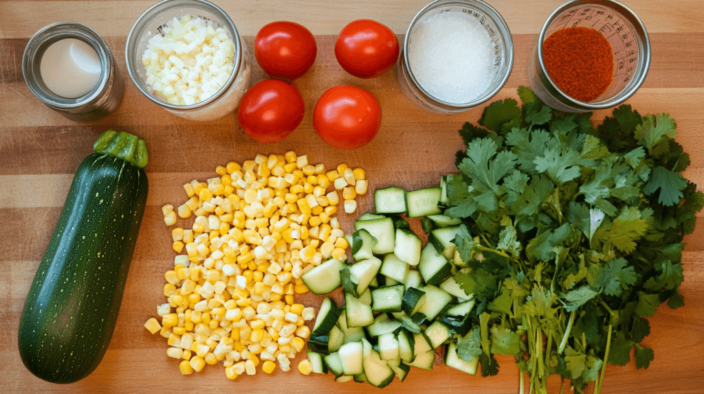 Fresh ingredients for Calabacitas con Queso displayed on a wooden board.