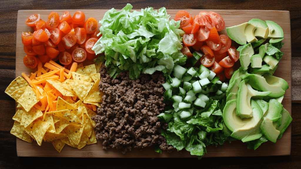 Fresh taco bowl ingredients arranged on a wooden board.