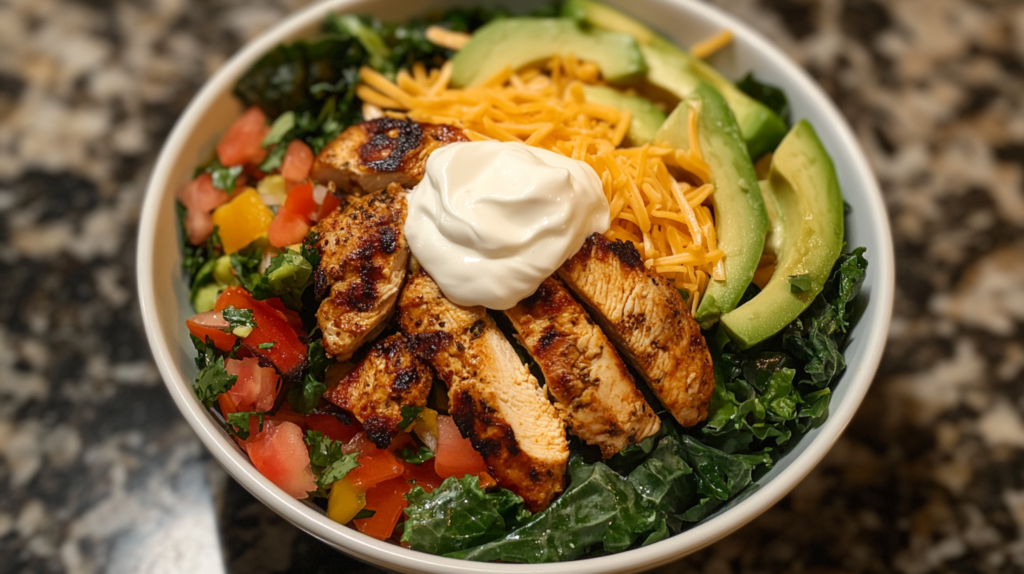 Keto-friendly taco bowl with greens, avocado, and grilled chicken.