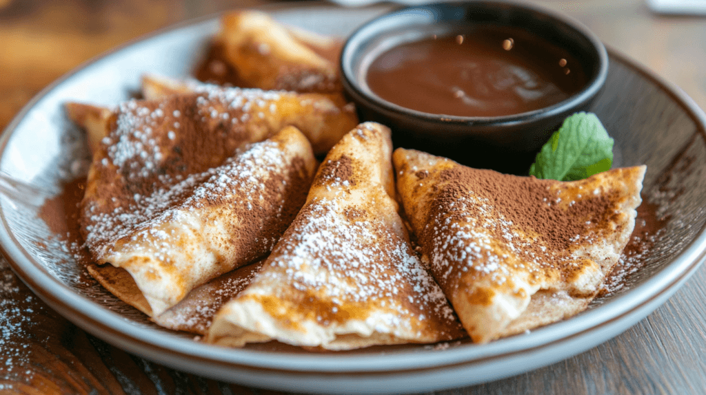 Dessert tortillas with cinnamon and chocolate sauce.