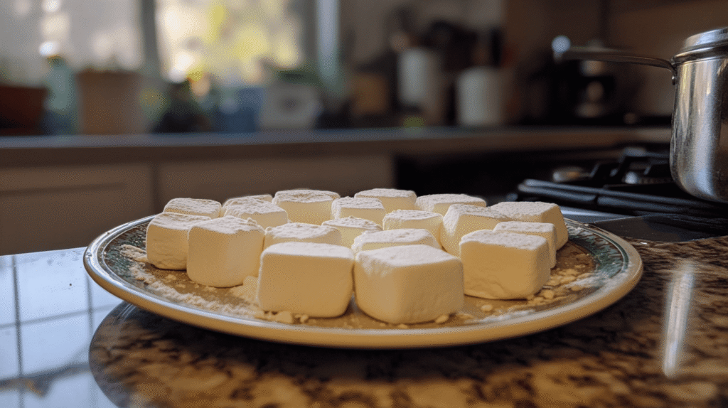 Homemade marshmallows on a plate with powdered sugar in a kitchen setting.