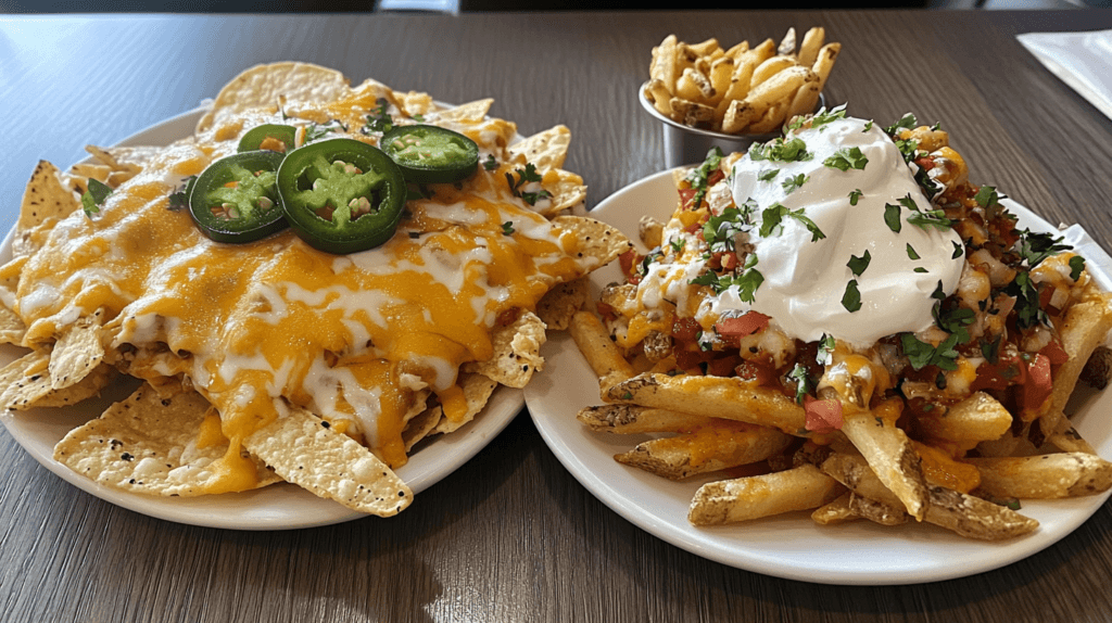 Loaded nachos and fries with taco toppings.