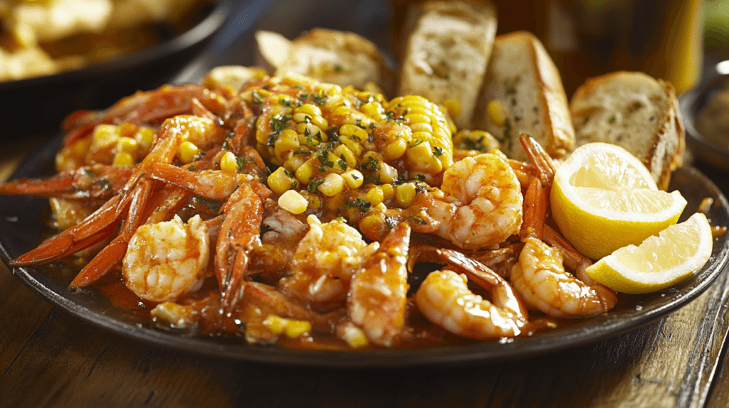 A seafood platter drizzled with seafood boil sauce and sides.