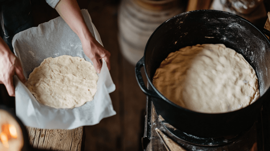 Transferring bread dough into a preheated Dutch oven.