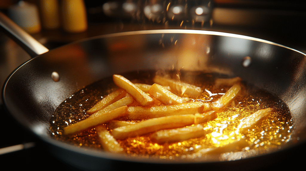 Corn oil frying French fries in a pan.