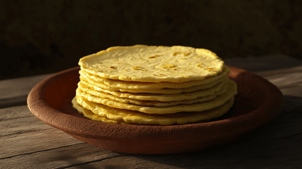 A stack of fresh corn tortillas on a traditional Mexican plate with maize in the background.