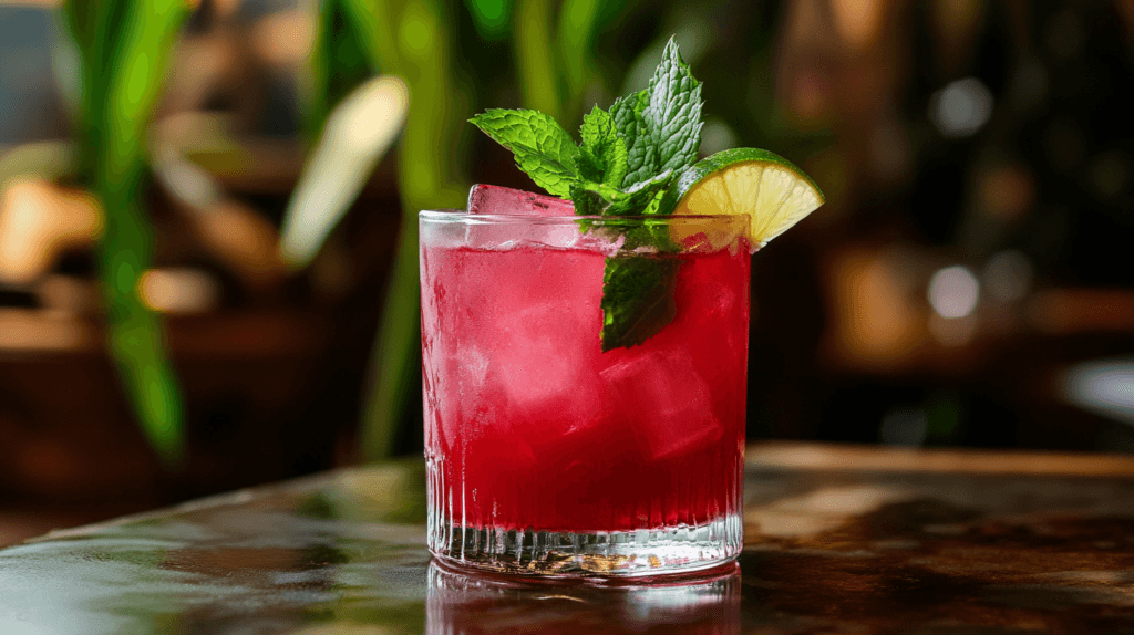 Hibiscus agua fresca with lime garnish.
