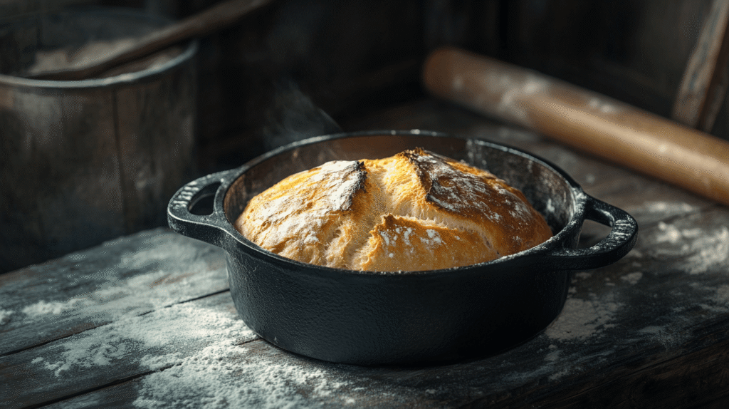 Dutch oven with freshly baked bread inside.