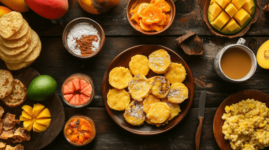 A selection of traditional Puerto Rican breakfast dishes, including mallorcas, avena, and tostones, served on a rustic table.