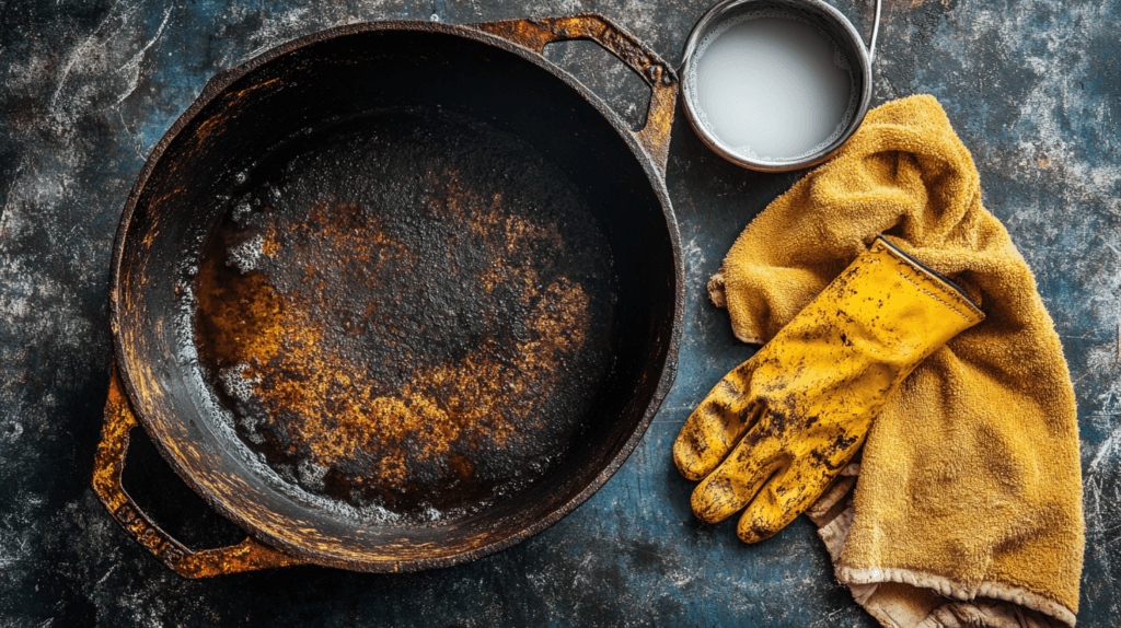 A rusty cast iron Dutch oven in a vinegar solution for rust removal.
