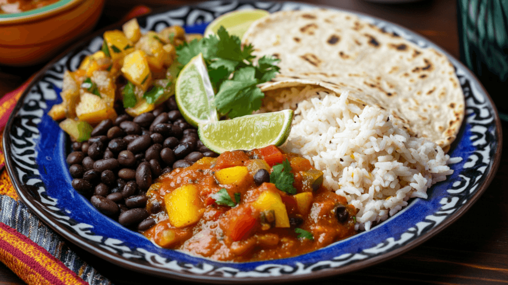 Calabacitas served with rice and beans.