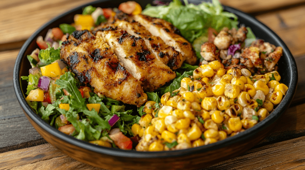 Fried corn served with grilled chicken and salad.