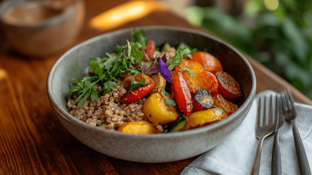 A side-down view of a cooked farro salad with roasted vegetables in a ceramic bowl on a wooden table.