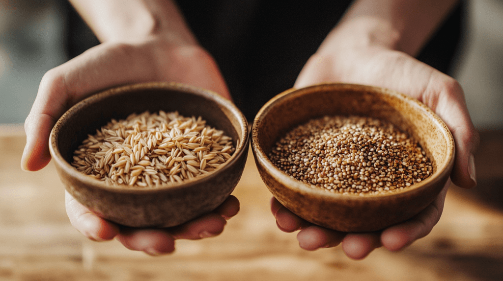A side-down view of hands holding bowls with farro and quinoa grains, placed over a wooden table.