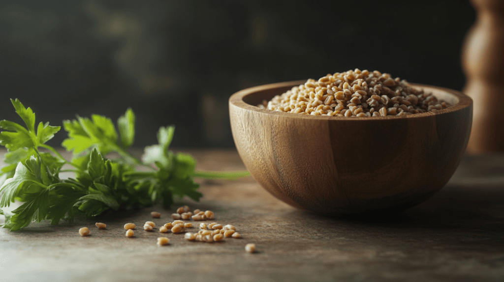 A side-down view of farro grains in a wooden bowl with scattered grains on a rustic kitchen counter.