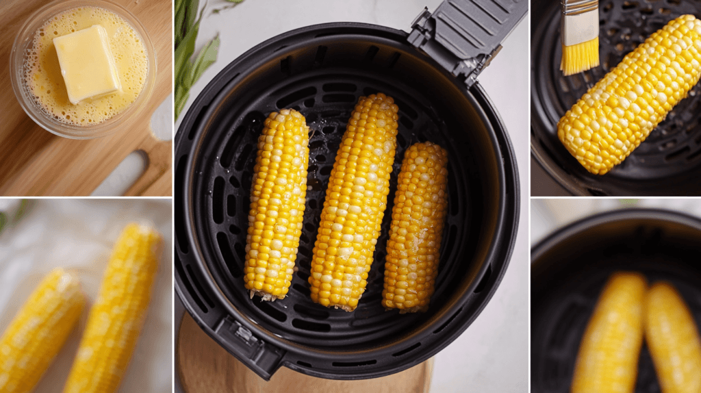 Step-by-step process of air frying corn.